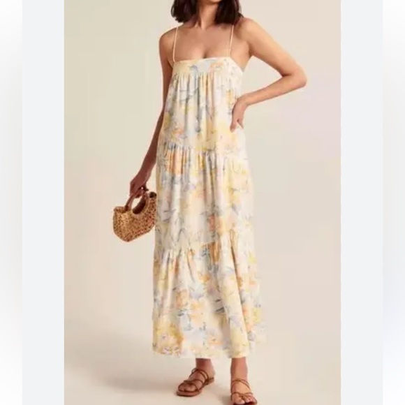Abercrombie & Fitch Dresses & Skirts - Abercrombie & Fitch Asymmetrical Tiered Maxi Dress Floral Linen Yellow Casual M